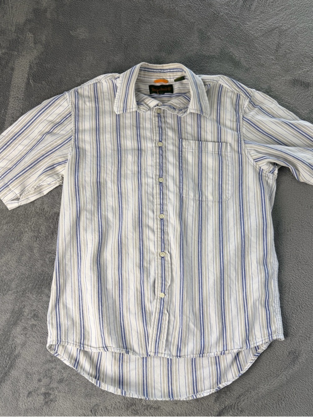 Timberland White and Blue Striped Short-Sleeve Button-Down Shirt
